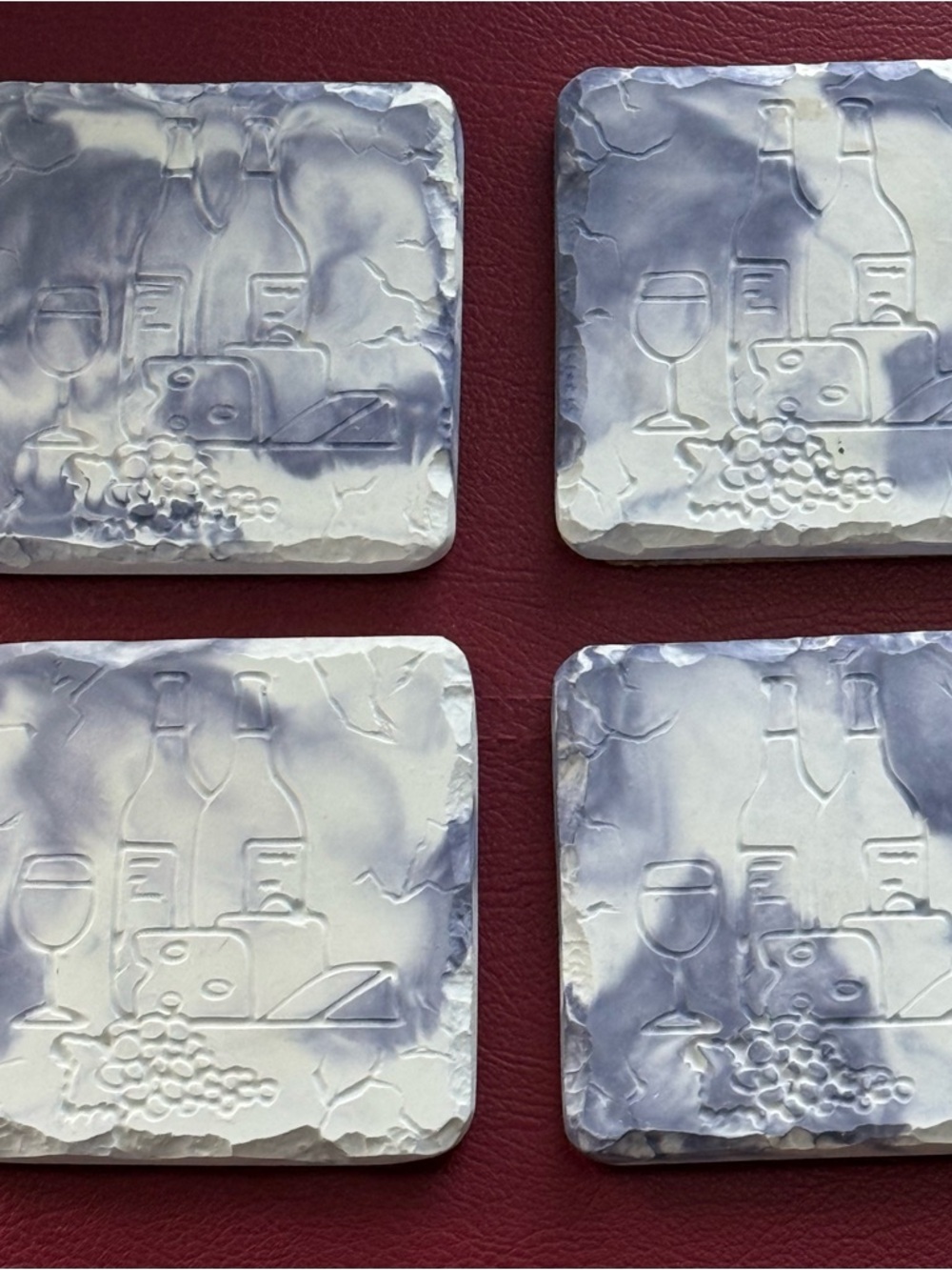 Handcrafted Blue-White Wine & Cheese Stone Coasters - Set of 4 Vintage